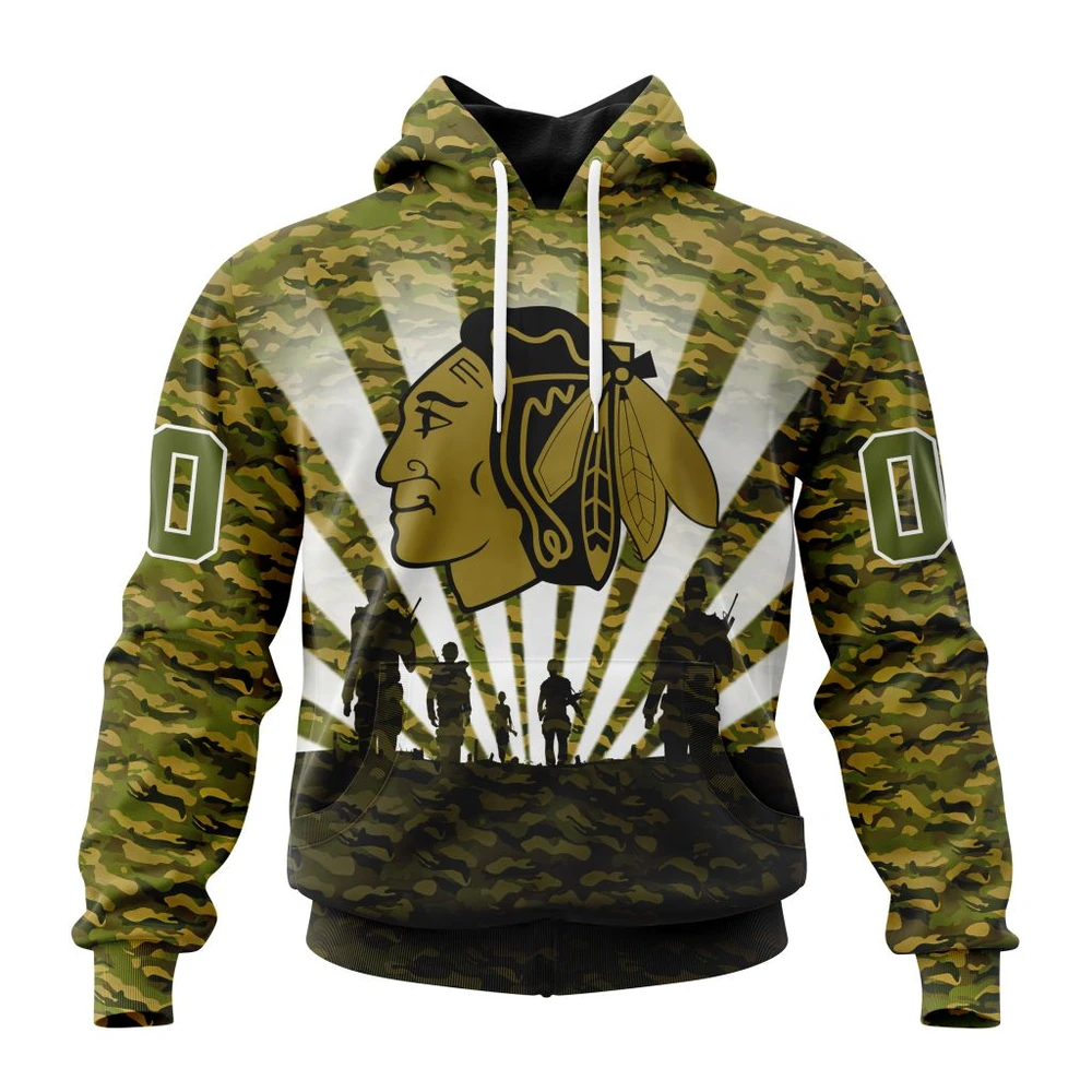 NHL Chicago Blackhawks Special Military Camo Kits For Veterans Day And Rememberance Day Graphic Hoodie