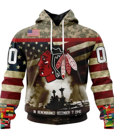 NHL Chicago Blackhawks, Specialized Unisex Kits Remember Pearl Harbor Graphic Hoodie