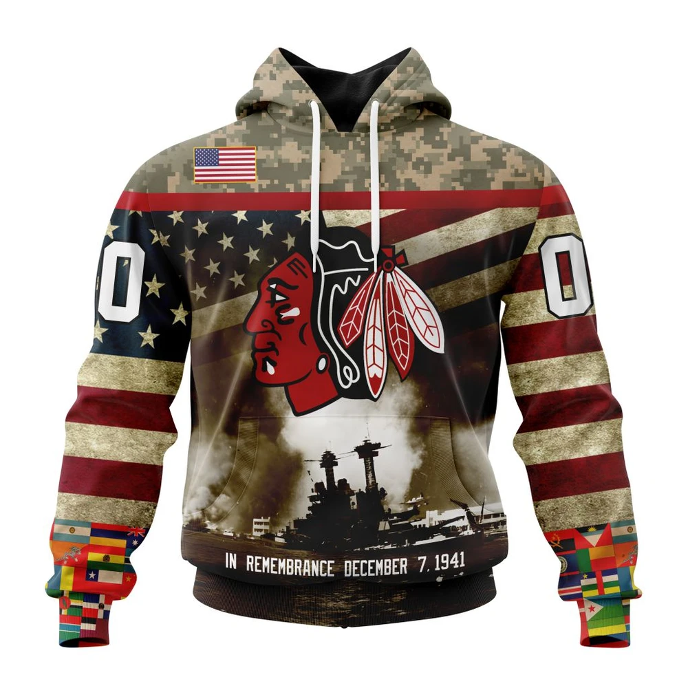 NHL Chicago Blackhawks, Specialized Unisex Kits Remember Pearl Harbor Graphic Hoodie