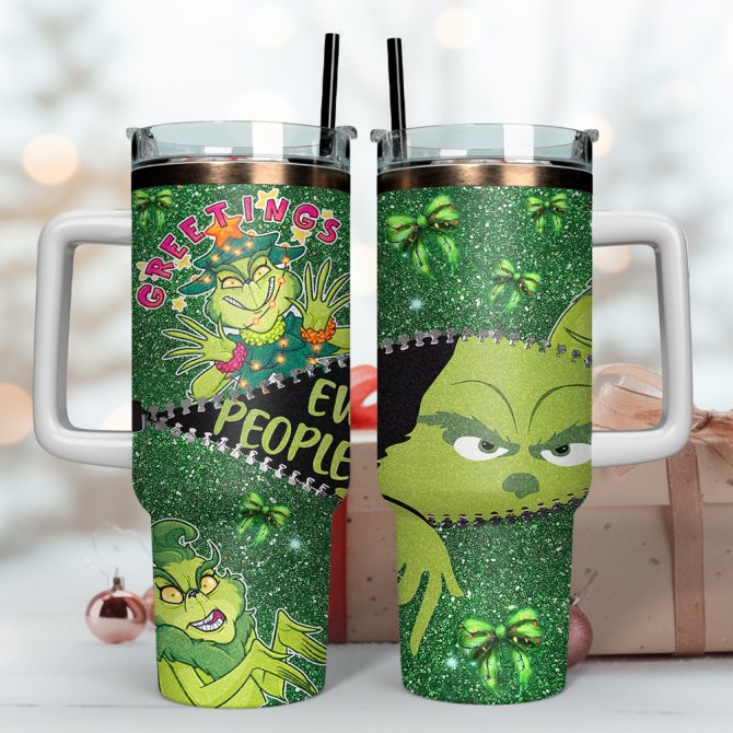 Green Monster Christmas Grinch Movies Custom Stanley Quencher 40oz Stainless Steel Tumbler With Handle - Image 3