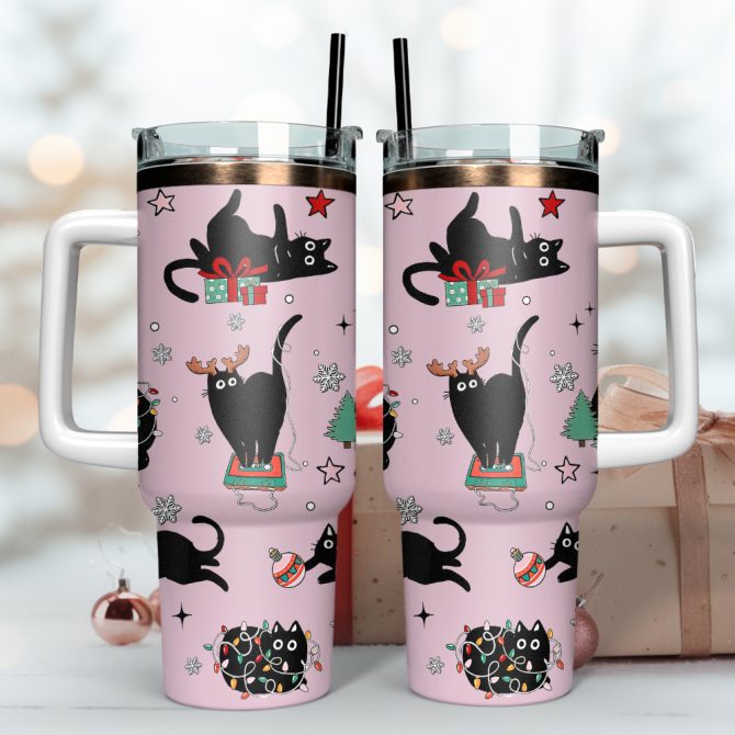 Black Cat Christmas Custom Stanley Quencher 40oz Stainless Steel Tumbler - Image 3