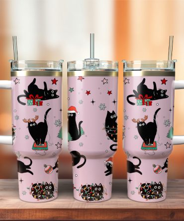 Black Cat Christmas Custom Stanley Quencher 40oz Stainless Steel Tumbler