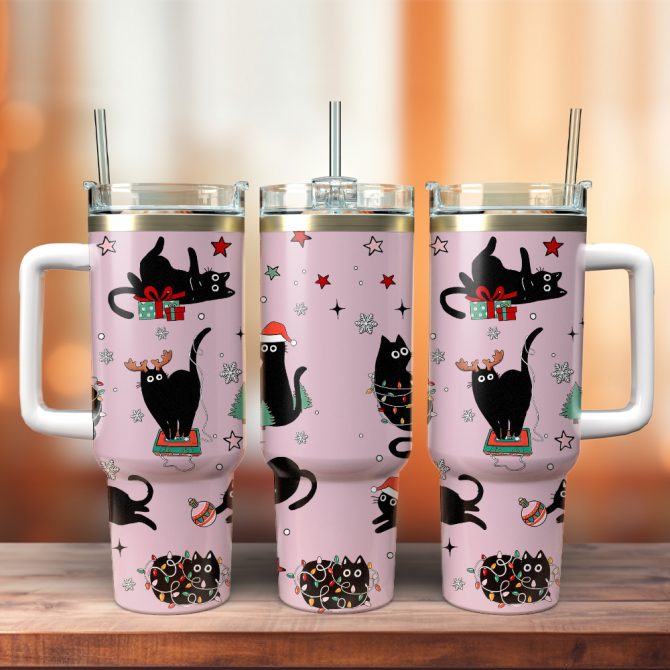 Black Cat Christmas Custom Stanley Quencher 40oz Stainless Steel Tumbler