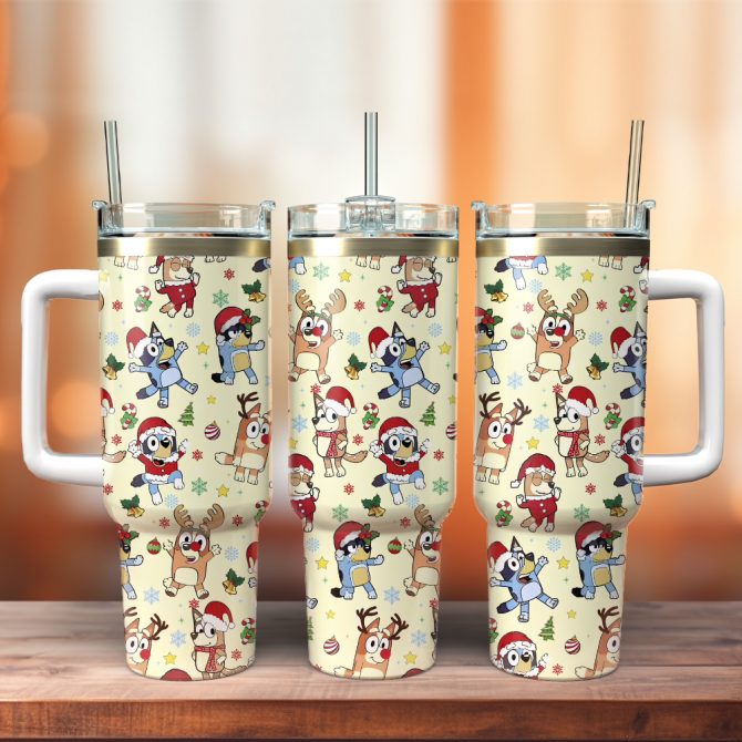 Bluey Cartoon Christmas Custom Stanley Quencher 40oz Stainless Steel Tumbler With Handle