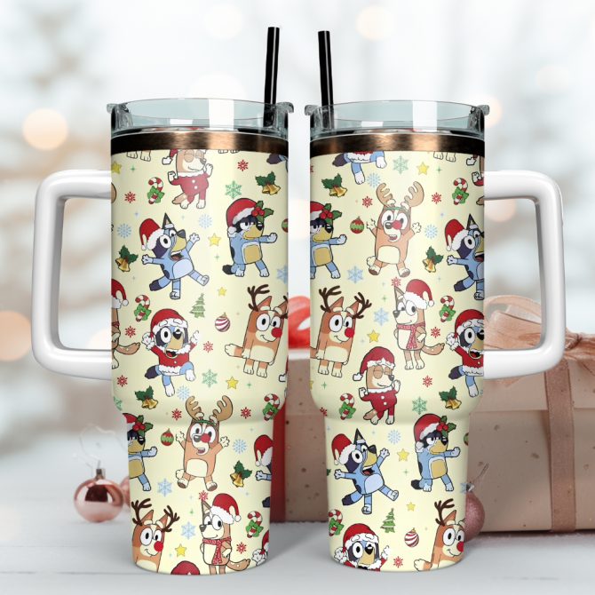 Bluey Cartoon Christmas Custom Stanley Quencher 40oz Stainless Steel Tumbler With Handle - Image 2