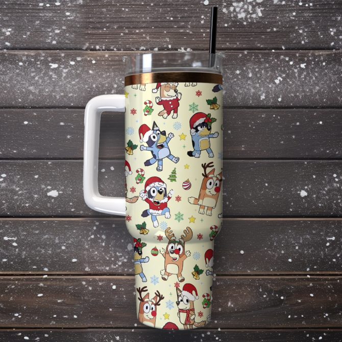 Bluey Cartoon Christmas Custom Stanley Quencher 40oz Stainless Steel Tumbler With Handle - Image 3