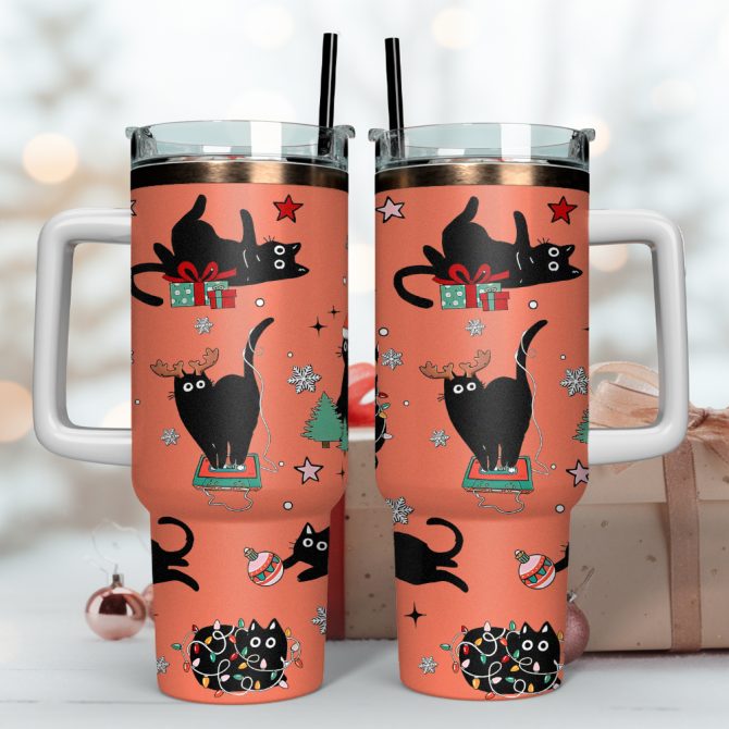 Black Cat Christmas Custom Stanley Quencher 40oz Stainless Steel Tumbler - Image 3
