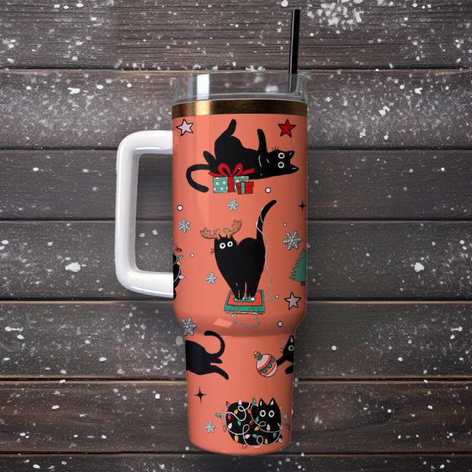 Black Cat Christmas Custom Stanley Quencher 40oz Stainless Steel Tumbler - Image 4