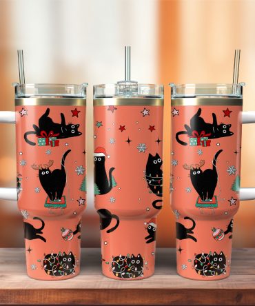 Black Cat Christmas Custom Stanley Quencher 40oz Stainless Steel Tumbler