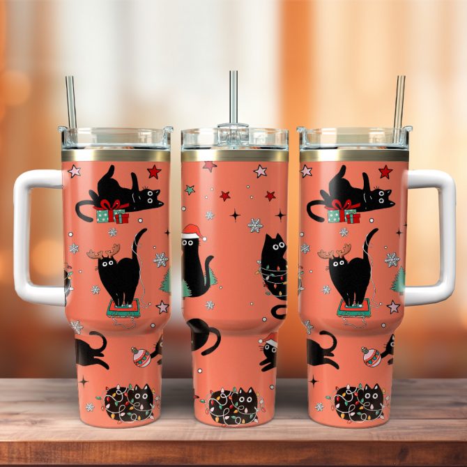 Black Cat Christmas Custom Stanley Quencher 40oz Stainless Steel Tumbler