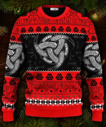 Red Triple Horn Pattern Viking Ugly Christmas Sweater