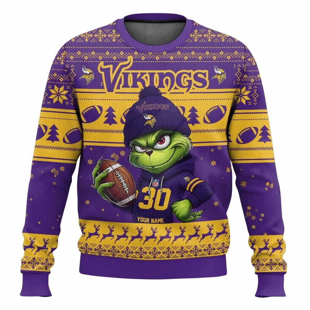Personalized Minnesota Vikings Grinch Ugly Sweater, NFL Christmas Sweater