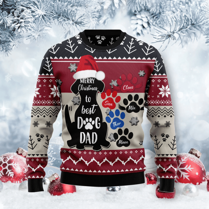 Personalised To Best Dog Dad Custom Dog Name Christmas Dog Dad Gift Dog Lover Ugly Christmas Sweater