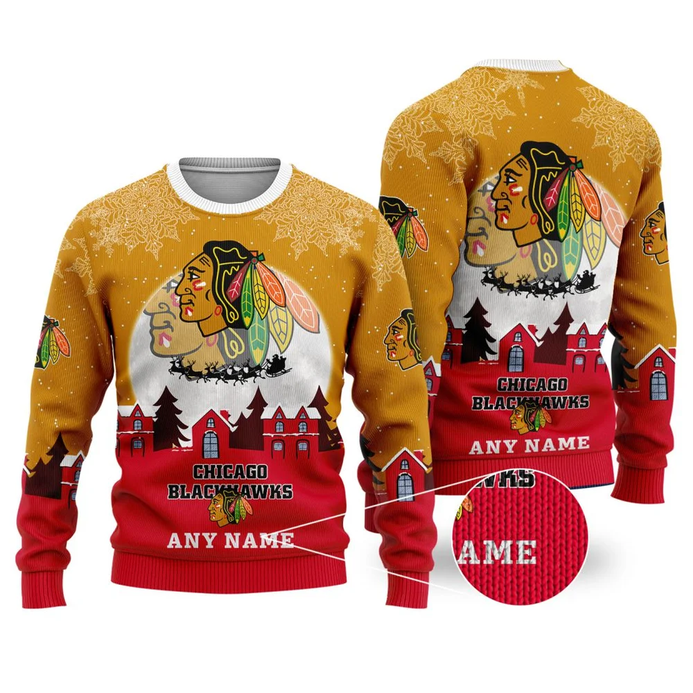 NHL Chicago Blackhawks Personalized Name Christmas Ugly Sweater Design ST2306