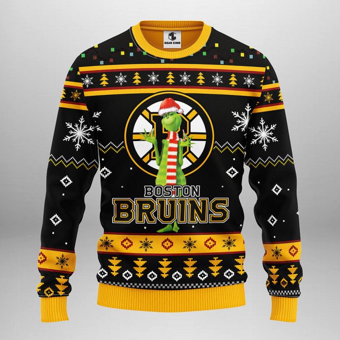 Boston Bruins Funny Grinch Ugly Christmas Sweater, Grinch Xmas Sweater