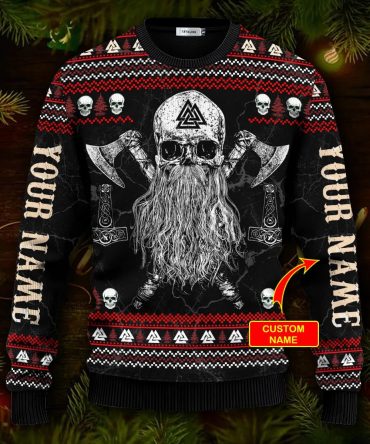 Beard Skull Sons Of Odin Valhalla Custom Name Viking Ugly Christmas Sweater