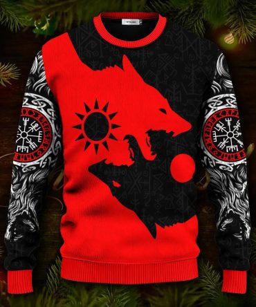 Red Wolf Black Wolf Viking Ugly Christmas Sweater