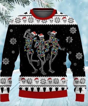Funny Skeleton Skull Dance with Christmas Light Ugly Sweater, Skull Xmas Sweater