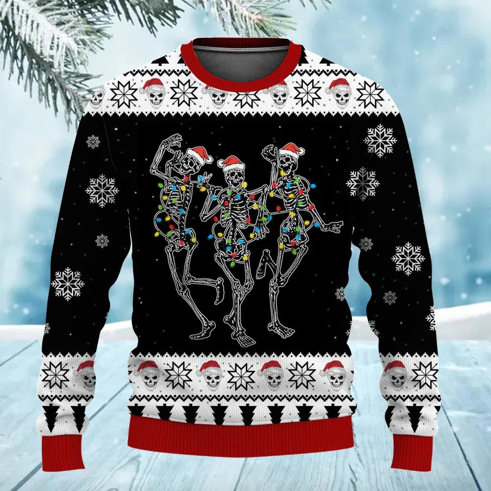 Funny Skeleton Skull Dance with Christmas Light Ugly Sweater, Skull Xmas Sweater