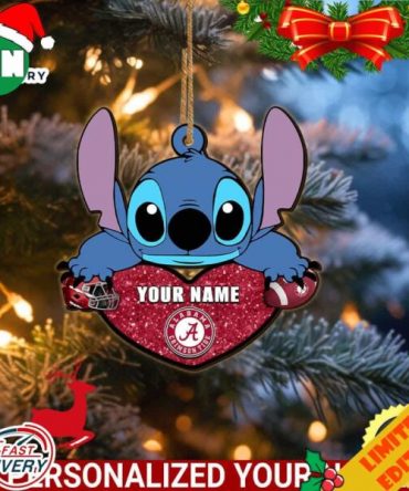 Alabama Crimson Tide Stitch Custom Name Ornament NCAA And Stitch With Heart Ornament