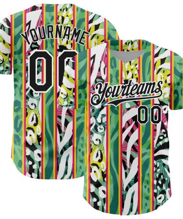 American Baseball Jersey, Custom Kelly Green Black White 3D Pattern Design Animal Fur Print With Leaves Authentic Baseball Jersey