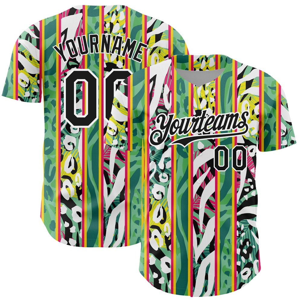 American Baseball Jersey, Custom Kelly Green Black White 3D Pattern Design Animal Fur Print With Leaves Authentic Baseball Jersey