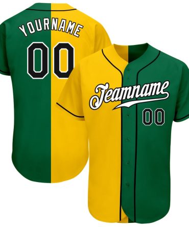 American Baseball Jersey, Custom Kelly Green Black Yellow Authentic Split Fashion Baseball Jersey, Baseball Jersey Name