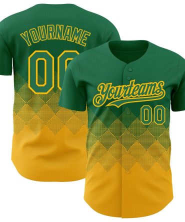 American Baseball Jersey, Custom Kelly Green Gold 3D Pattern Design Gradient Square Shapes Authentic Baseball Jersey