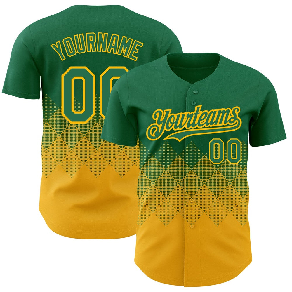American Baseball Jersey, Custom Kelly Green Gold 3D Pattern Design Gradient Square Shapes Authentic Baseball Jersey