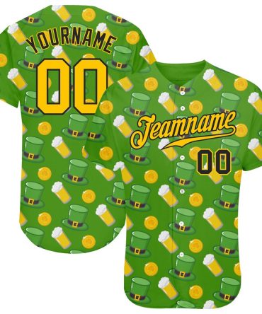 American Baseball Jersey, Custom Kelly Green Gold Black 3D Pattern Design Authentic St Patrick's Day Baseball Jersey