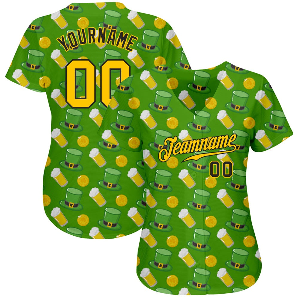 American Baseball Jersey, Custom Kelly Green Gold Black 3D Pattern Design Authentic St Patrick's Day Baseball Jersey - Image 2