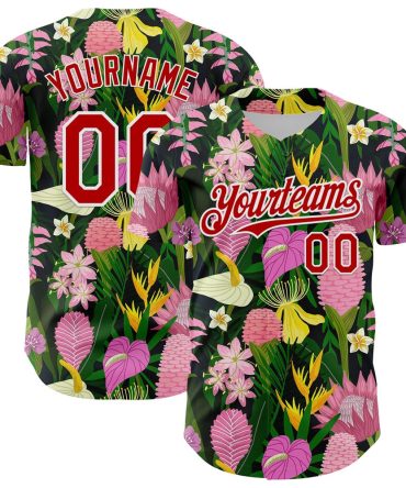 American Baseball Jersey, Custom Kelly Green Red White 3D Pattern Design Tropical Anthurium Flower Authentic Baseball Jersey