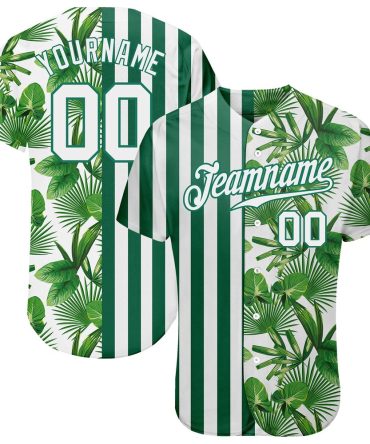 American Baseball Jersey, Custom Kelly Green White Kelly Green 3D Pattern Design Tropical Palm Leaves Authentic Baseball Jersey