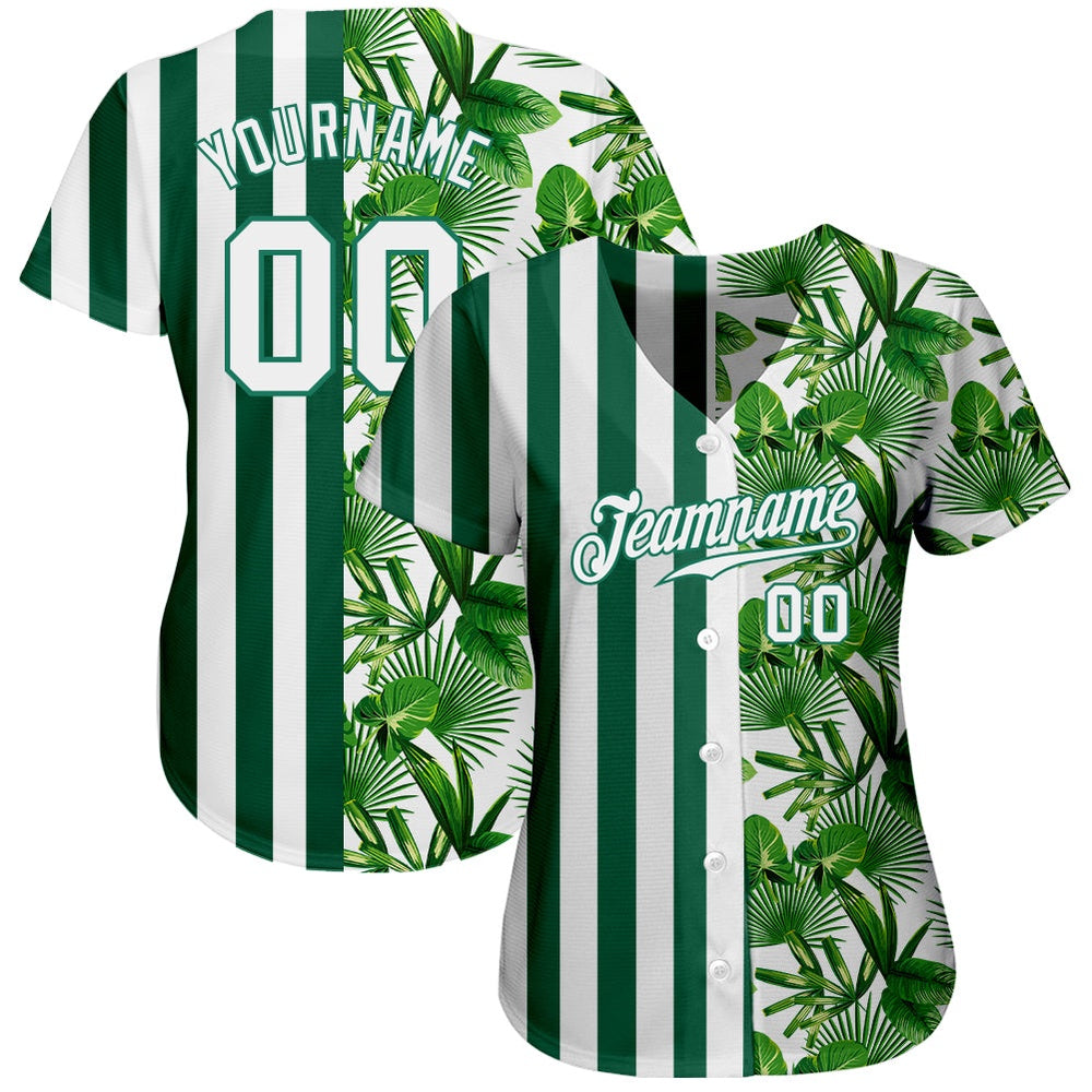 American Baseball Jersey, Custom Kelly Green White Kelly Green 3D Pattern Design Tropical Palm Leaves Authentic Baseball Jersey - Image 2