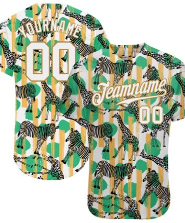 American Baseball Jersey, Custom Kelly Green White Old Gold 3D Pattern Design Zebras And Giraffes Authentic Baseball Jersey