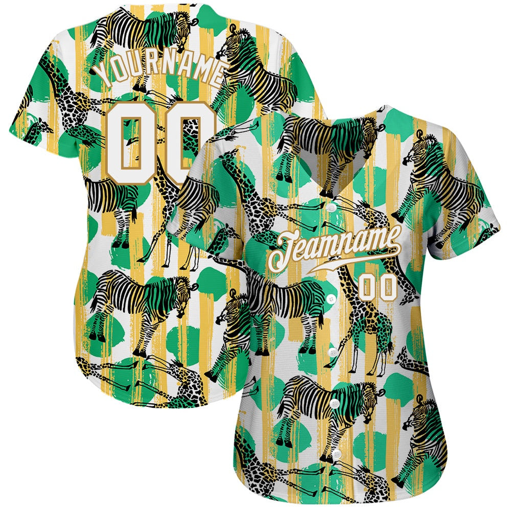 American Baseball Jersey, Custom Kelly Green White Old Gold 3D Pattern Design Zebras And Giraffes Authentic Baseball Jersey - Image 2