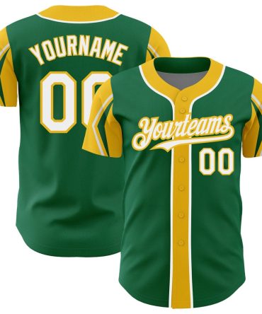 American Baseball Jersey, Custom Kelly Green White Yellow 3 Colors Arm Shapes Authentic Baseball Jersey, Baseball Jersey Name