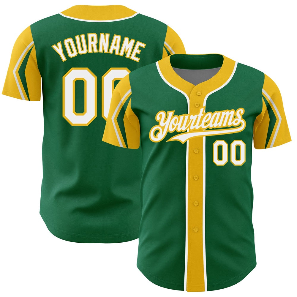 American Baseball Jersey, Custom Kelly Green White Yellow 3 Colors Arm Shapes Authentic Baseball Jersey, Baseball Jersey Name