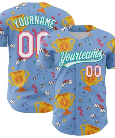 American Baseball Jersey, Custom Light Blue Neon Pink Aqua 3D Pattern Design Champion Trophy Authentic Baseball Jersey