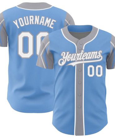 American Baseball Jersey, Custom Light Blue White Gray 3 Colors Arm Shapes Authentic Baseball Jersey, Baseball Jersey Name