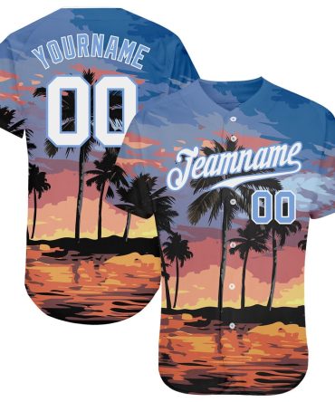 American Baseball Jersey, Custom Light Blue White Light Blue 3D Pattern Design Palm Trees Authentic Baseball Jersey, Baseball Jersey Name