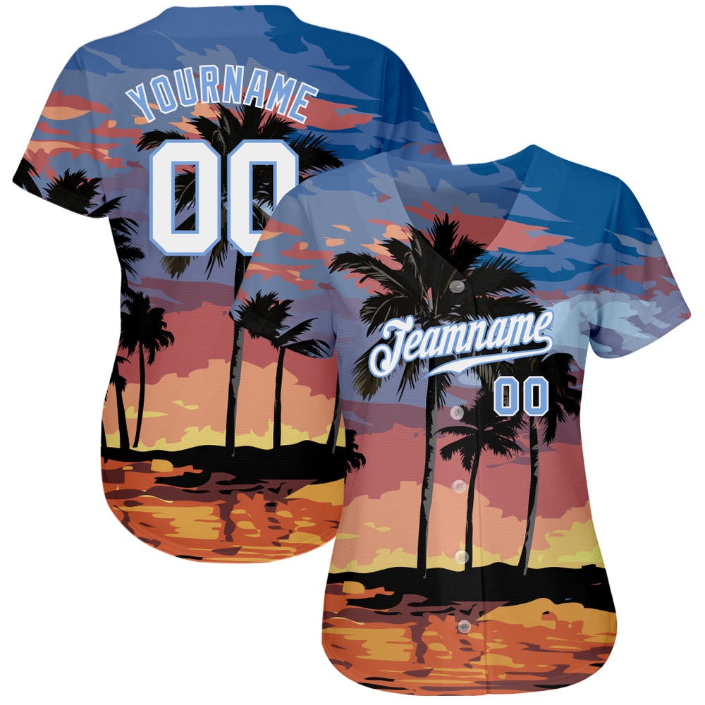 American Baseball Jersey, Custom Light Blue White Light Blue 3D Pattern Design Palm Trees Authentic Baseball Jersey, Baseball Jersey Name - Image 2