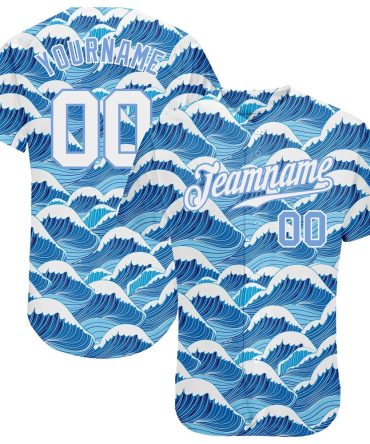 American Baseball Jersey, Custom Light Blue White Light Blue 3D Pattern Design Waves Authentic Baseball Jersey, Baseball Jersey Name