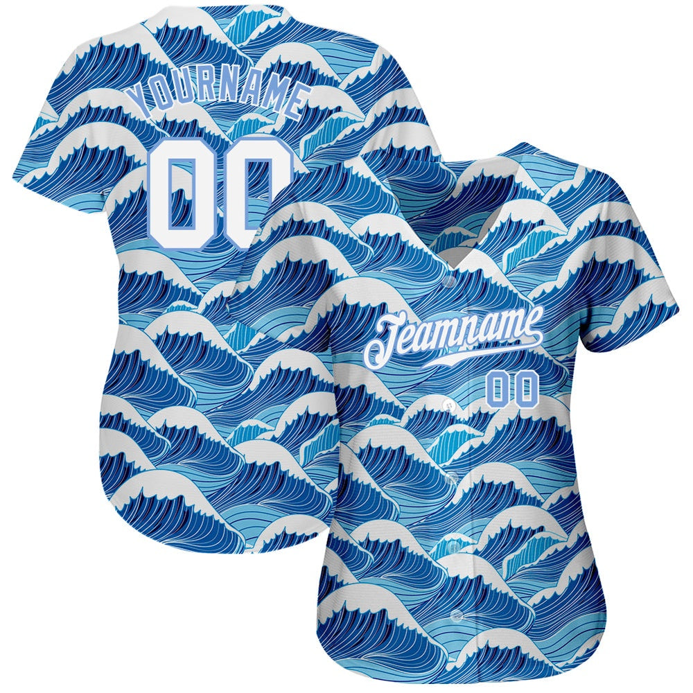 American Baseball Jersey, Custom Light Blue White Light Blue 3D Pattern Design Waves Authentic Baseball Jersey, Baseball Jersey Name - Image 2