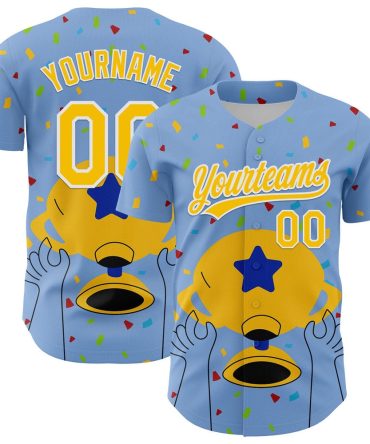 American Baseball Jersey, Custom Light Blue Yellow White 3D Pattern Design Champion Trophy Authentic Baseball Jersey, Baseball Jersey Name