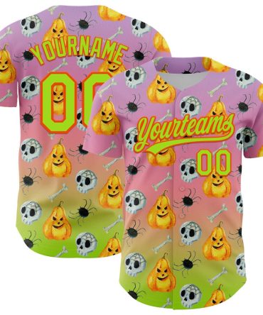 American Baseball Jersey, Custom Light Purple Neon Green Light Pink Orange 3D Halloween Authentic Fade Baseball Jersey