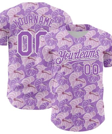 American Baseball Jersey, Custom Light Purple White 3D Pattern Design Tropical Anthurium Flower Authentic Baseball Jersey