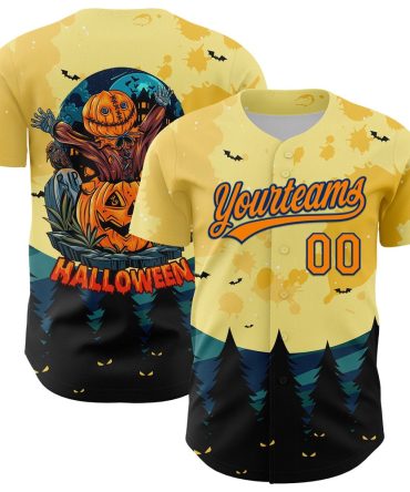 American Baseball Jersey, Custom Light Yellow Bay Orange US Navy Blue 3D Pattern Halloween Authentic Baseball Jersey, Baseball Jersey Name
