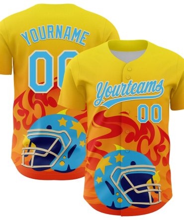 American Baseball Jersey, Custom Light Yellow Sky Blue Orange Cream 3D Pattern Design Flame Football Helmet Authentic Baseball Jersey