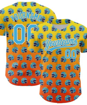 American Baseball Jersey, Custom Light Yellow Sky Blue Orange Cream 3D Pattern Design Football Helmet Authentic Baseball Jersey